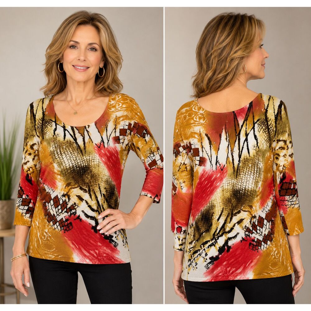 Vintage Elizabeth New York Abstract Knit Top Y2K Embellished Slinky Shirt M